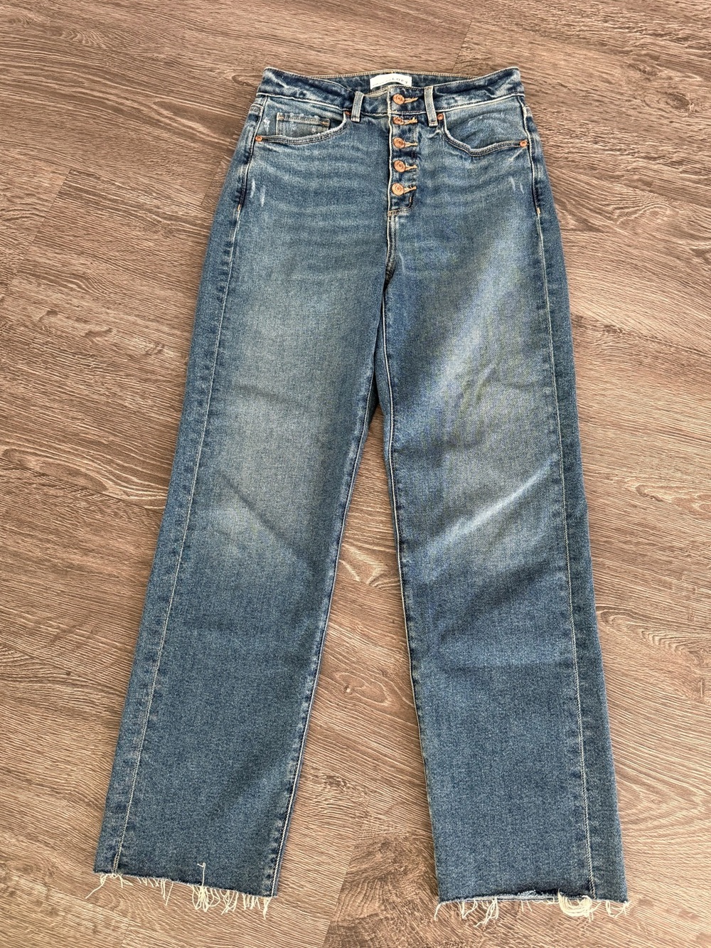LOFT Medium Blue High-Rise Button-Fly curvy Straight Leg Jeans